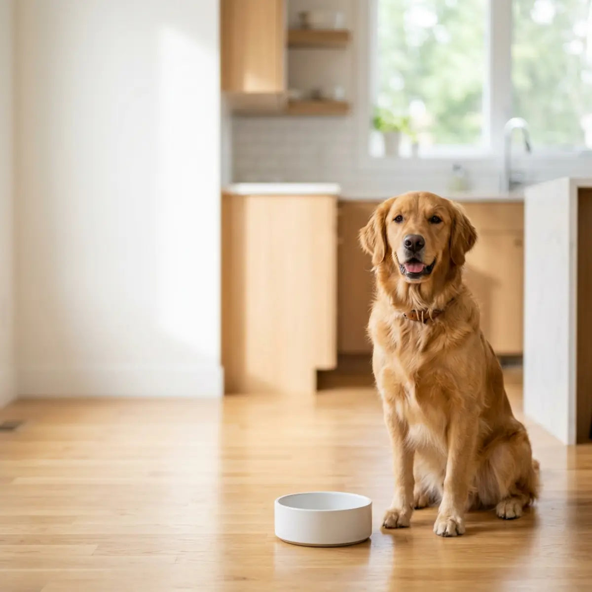 Golden retriever beside a bowl during a feeding routine discussion