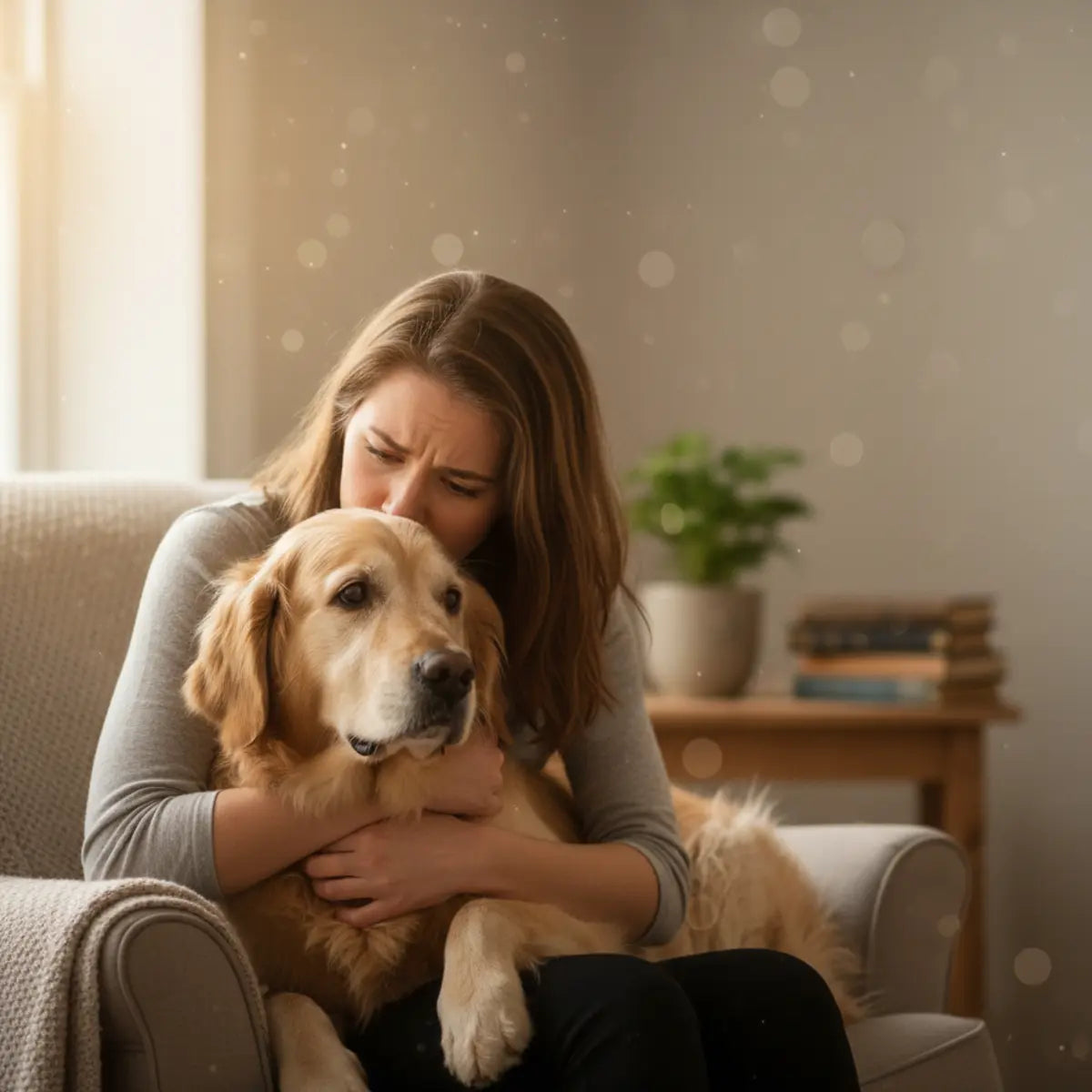 Dono a confortar um golden retriever em casa