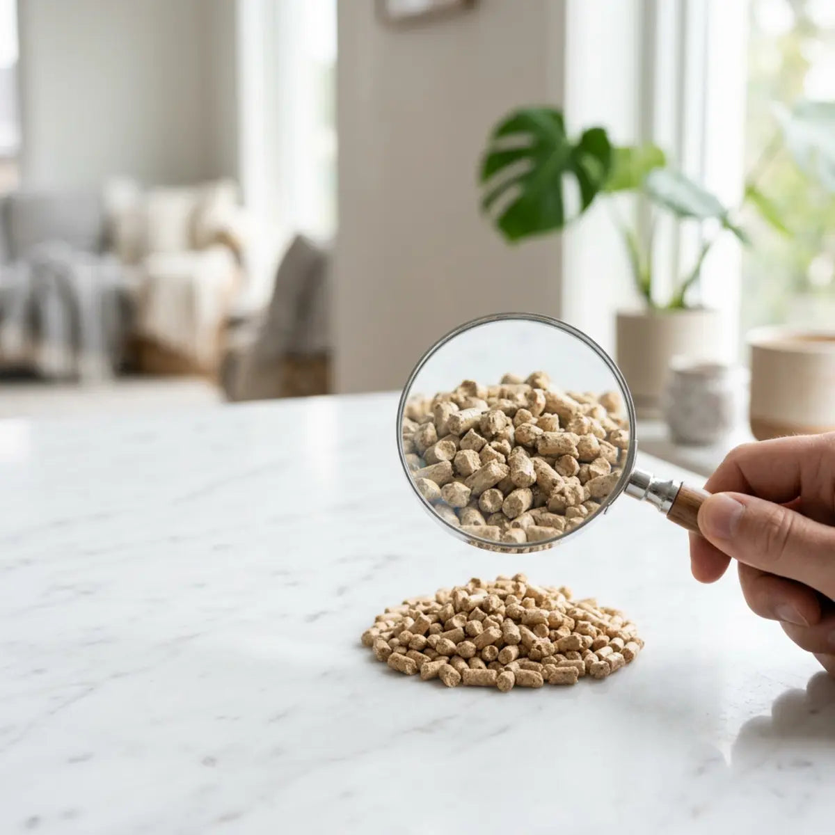 Magnifying glass over wood-pellet cat litter during a material discussion