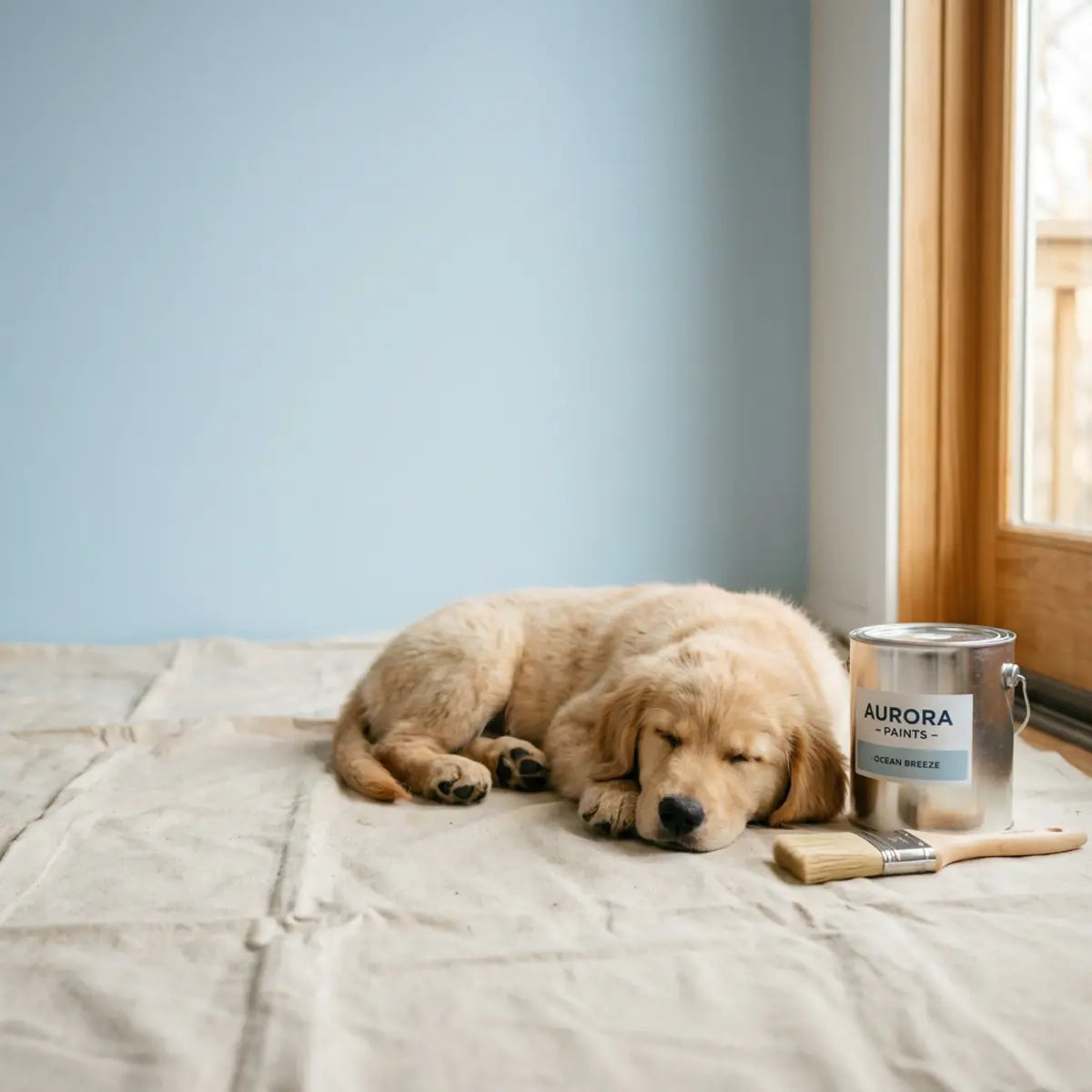 Dog resting beside a paint can and brush in a bright room