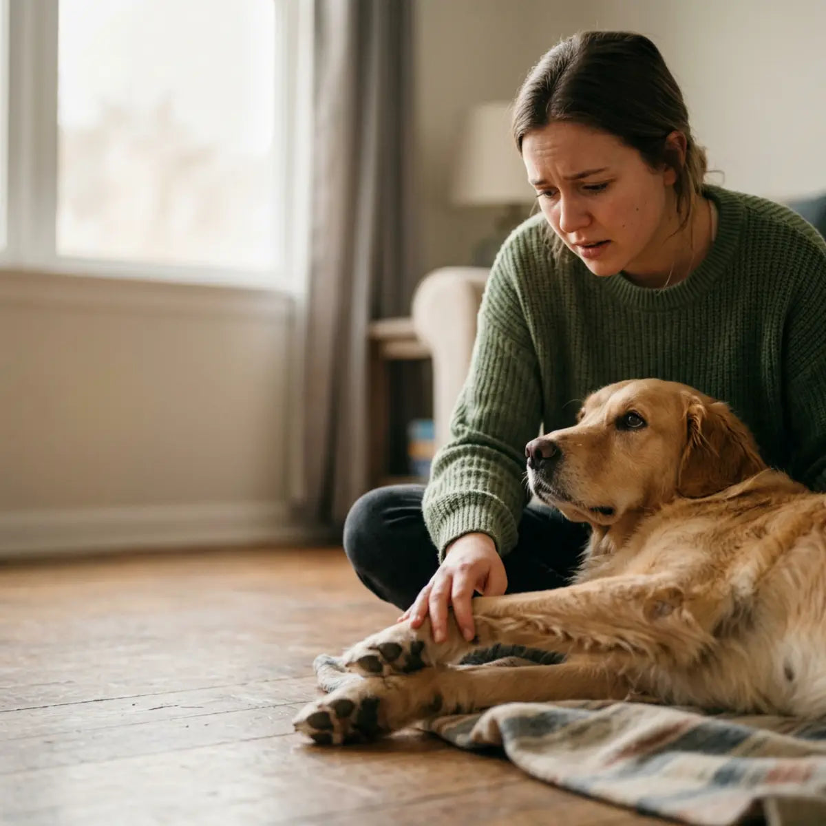 Dog and owner observing a back-leg injury at home