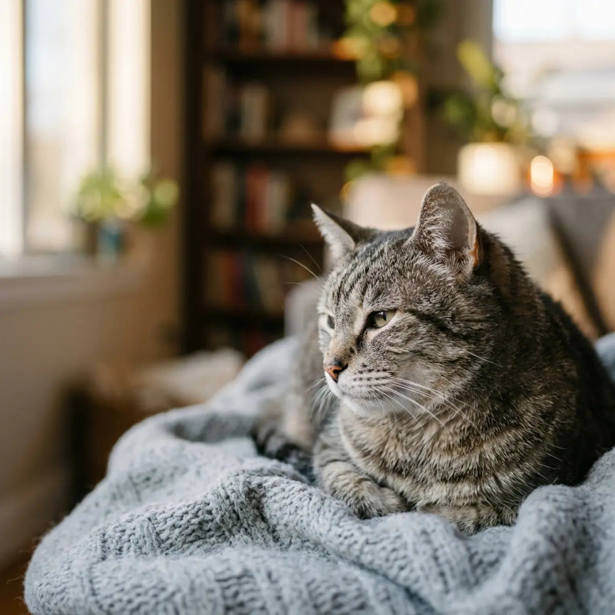 Gray tabby cat resting on a gray blanket indoors