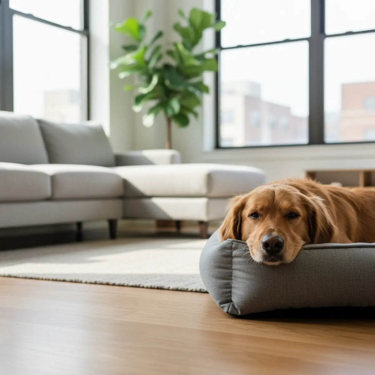 Golden retriever die in een grijze hondenmand met opstaande rand ligt in een lichte woonkamer