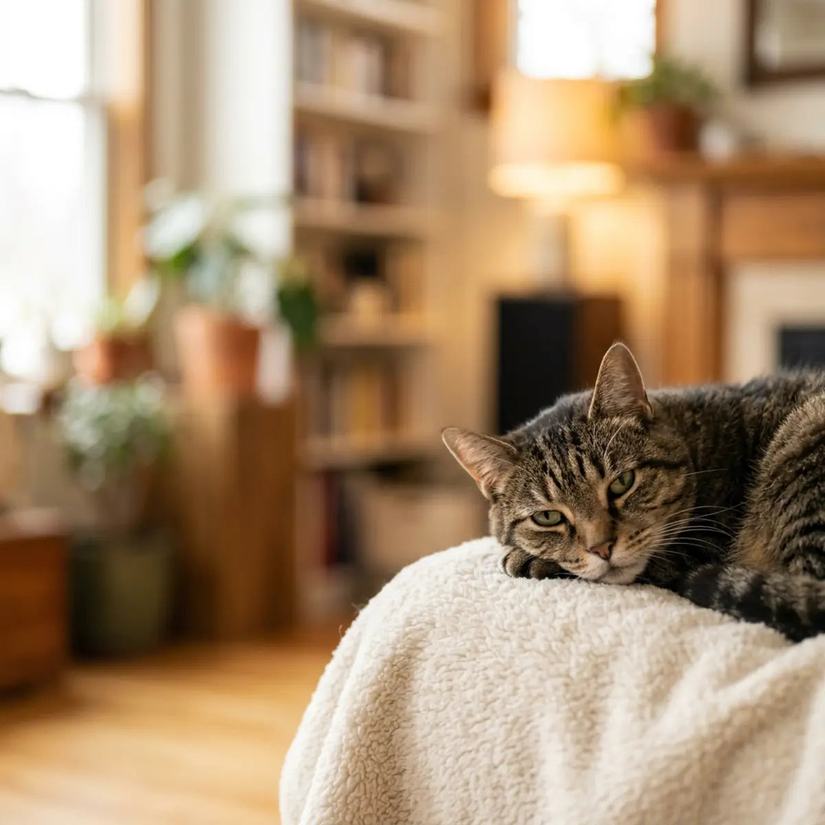 Senior tabby cat resting on a soft blanket in a quiet home