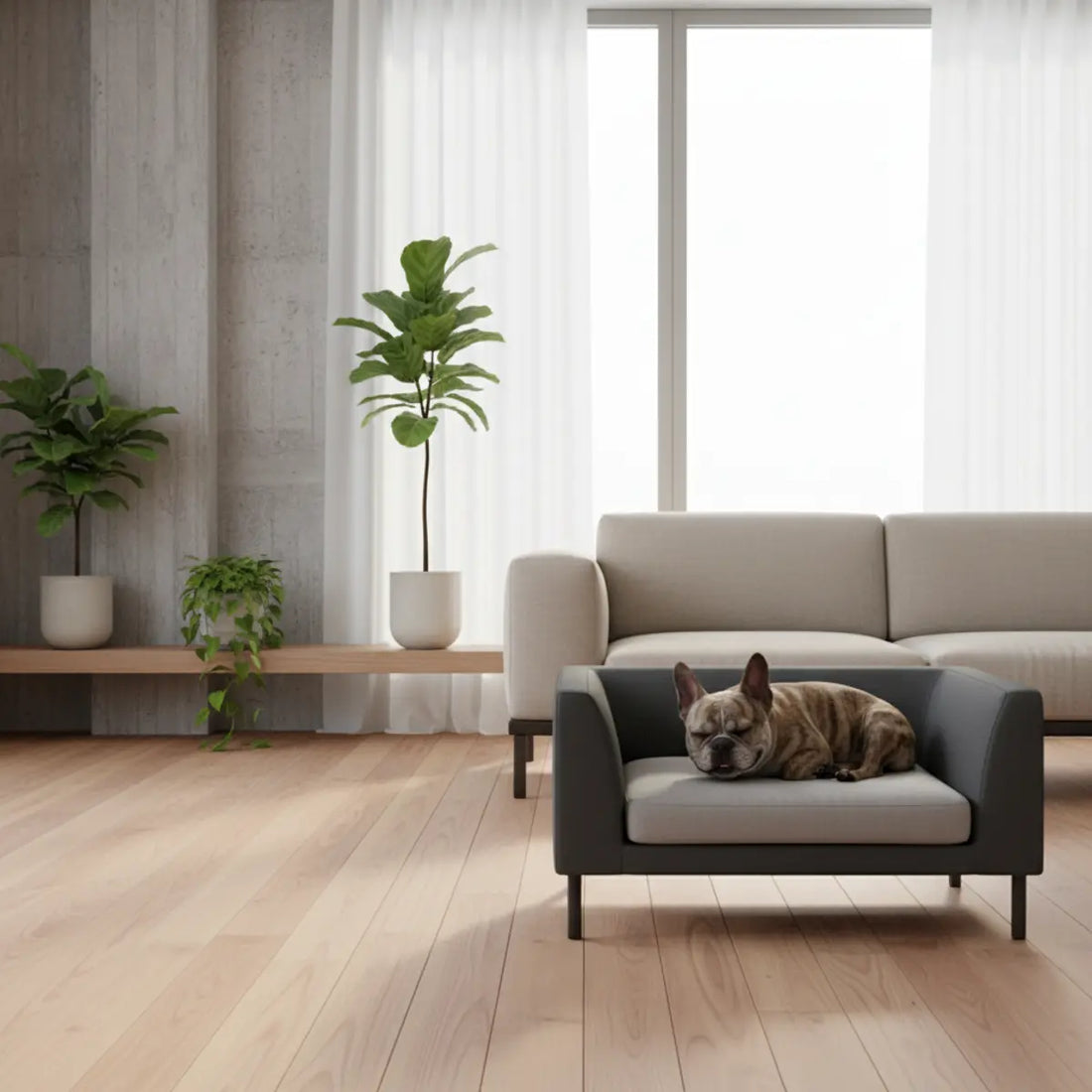 Bouledogue français se reposant dans un canapé pour animaux noir et gris, dans un salon lumineux