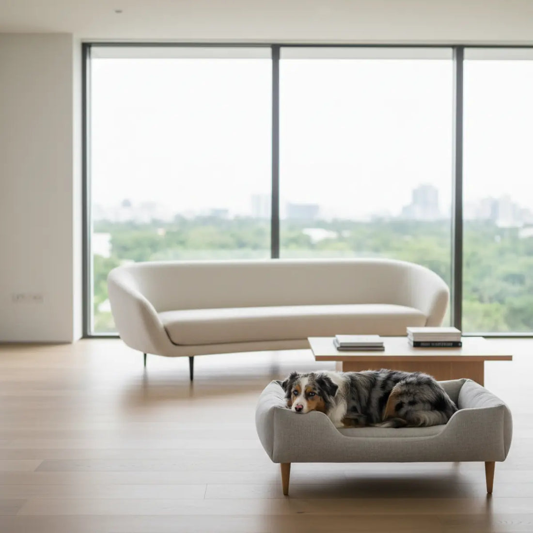 Blue merle dog resting on a modern dog couch in a bright living room