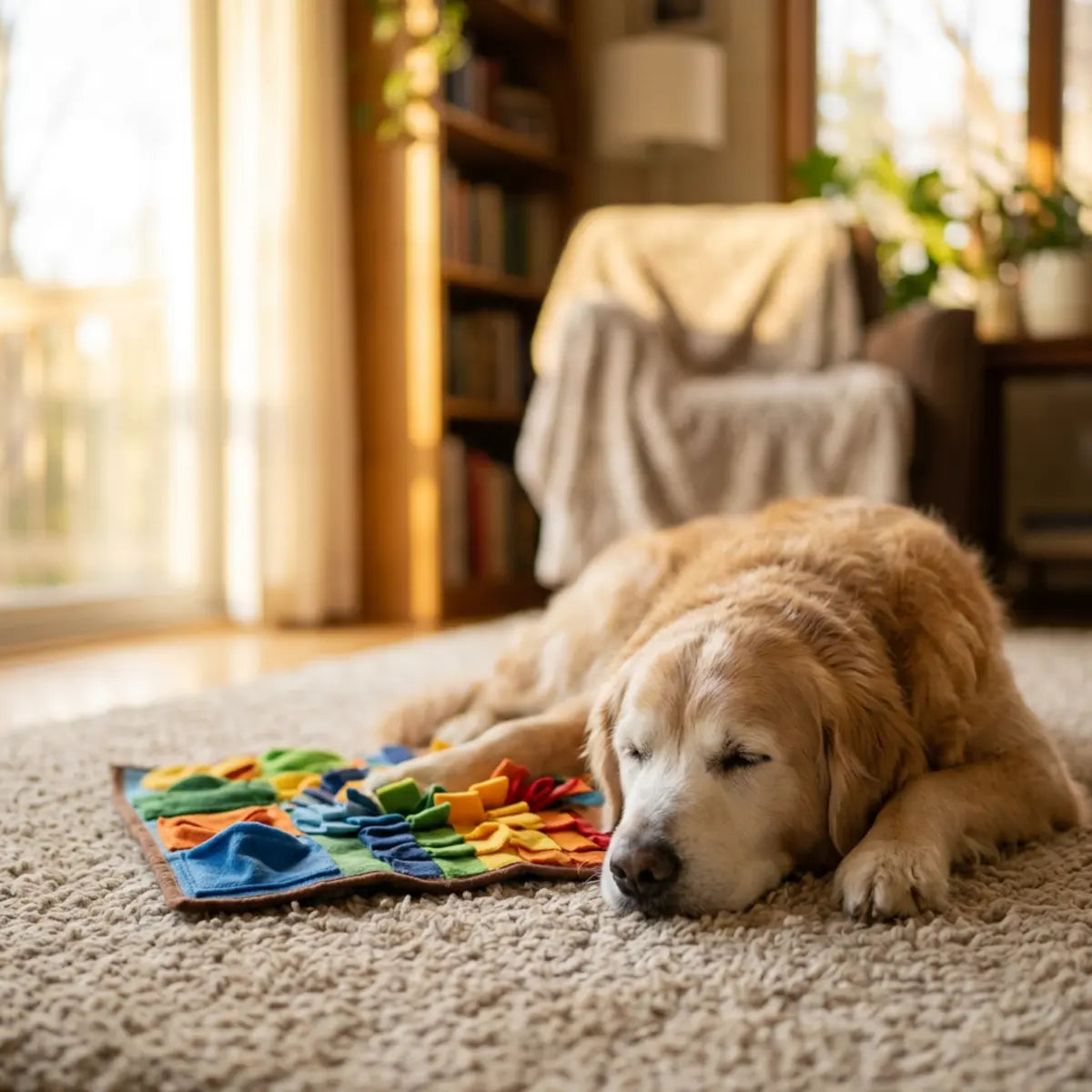 Senior golden retriever sniffing a colorful snuffle mat indoors