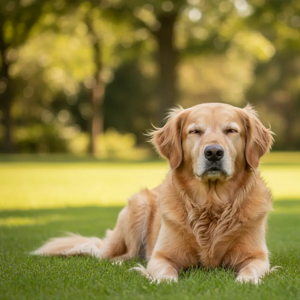 Golden Retriever sdraiato sull'erba, all'ombra estiva filtrata dagli alberi