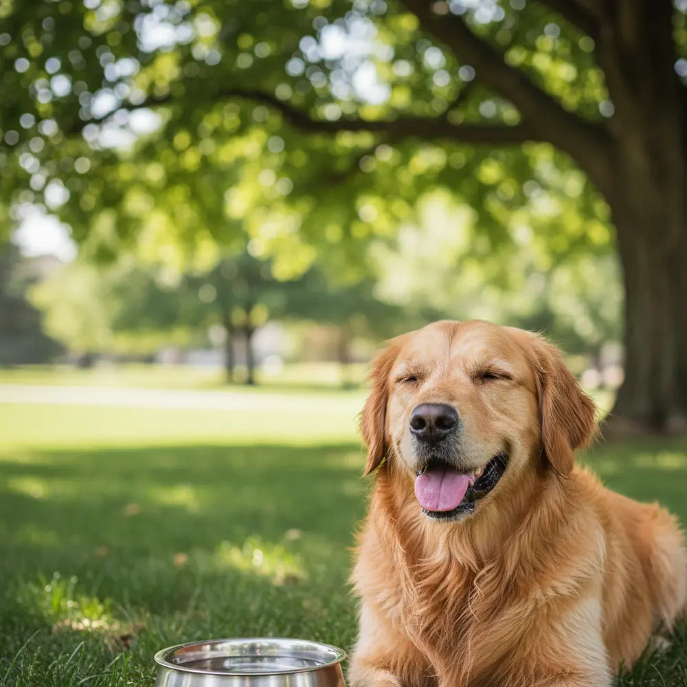 Golden retriever resting beside a water bowl in a shaded park