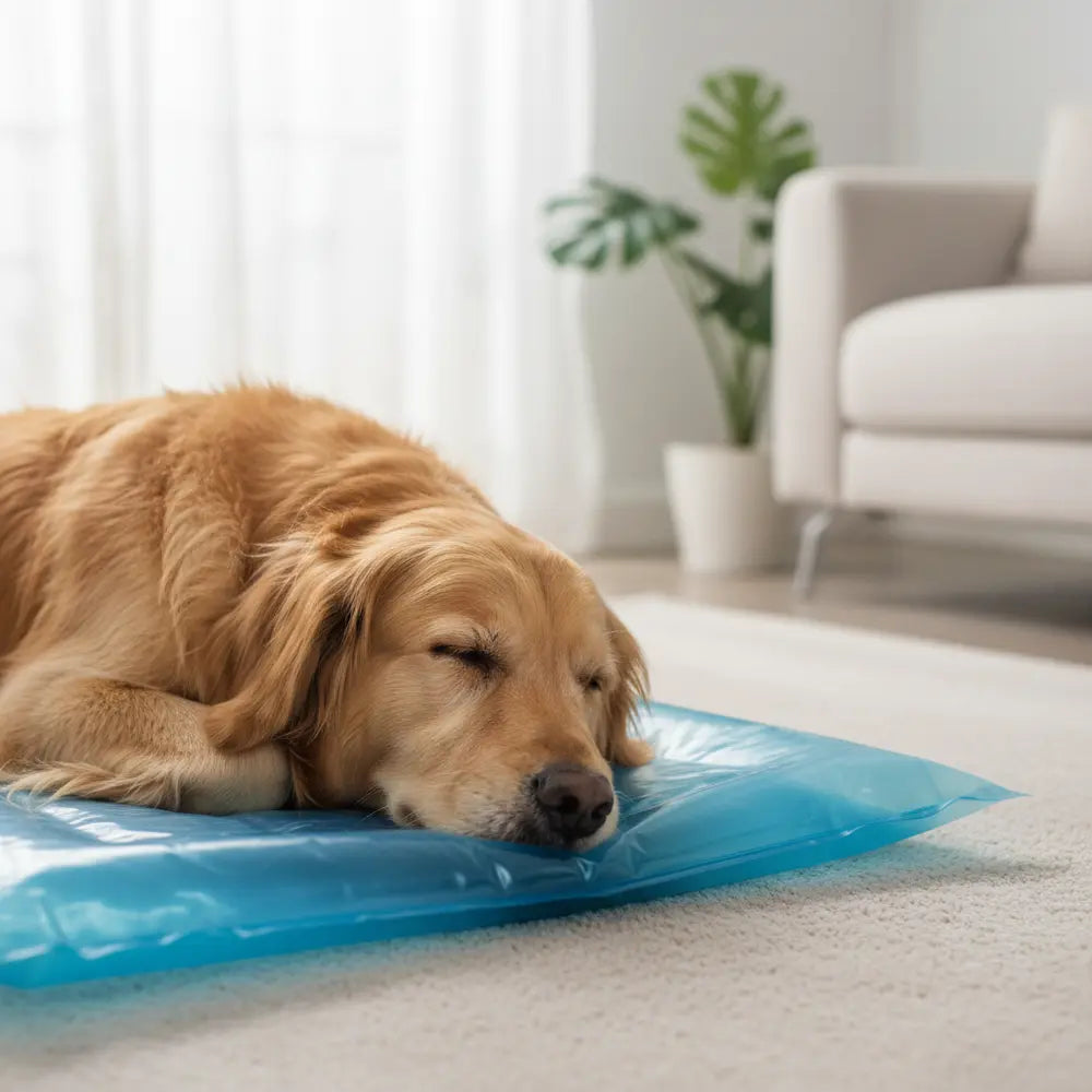 Golden retriever deitado numa cama de água refrescante azul dentro de casa