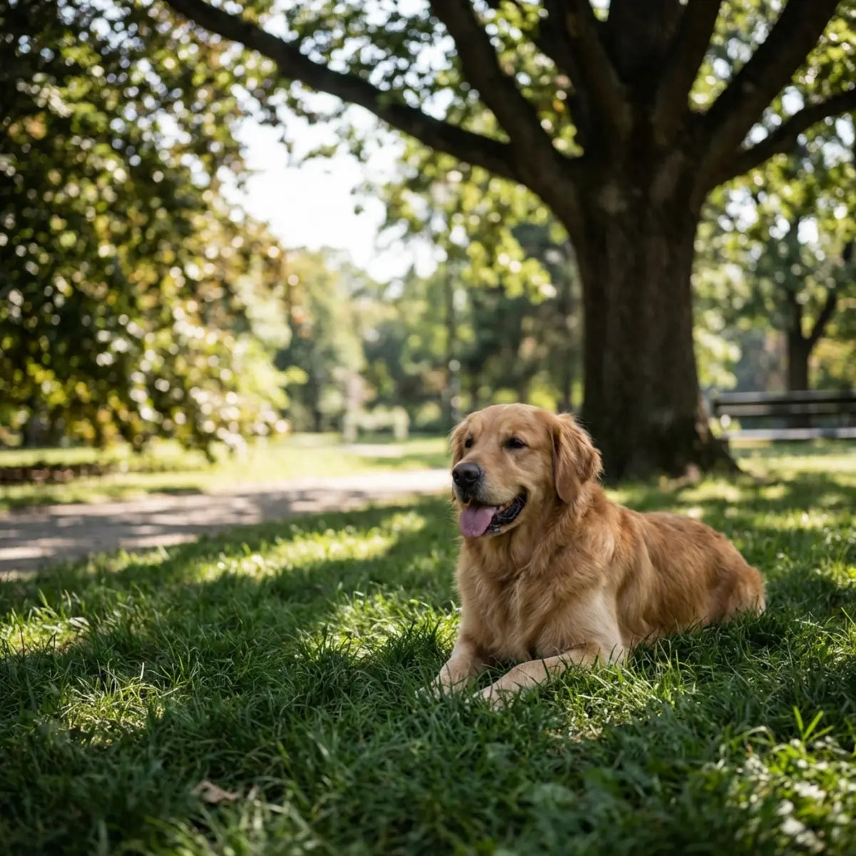 Golden retriever die in de schaduw onder een boom ligt