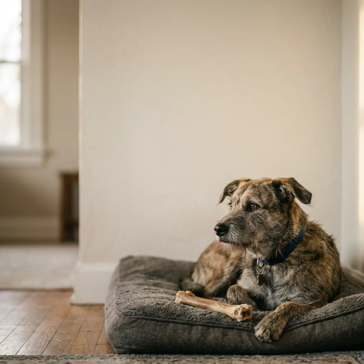 Dog resting on a bed with a chew in a calm home space