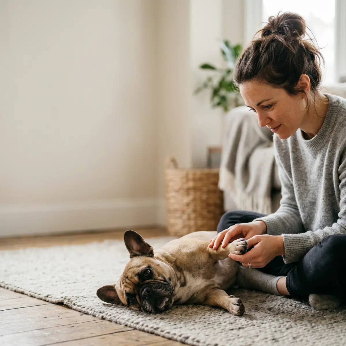 Dog resting beside a caregiver during a calm skin and ear health check