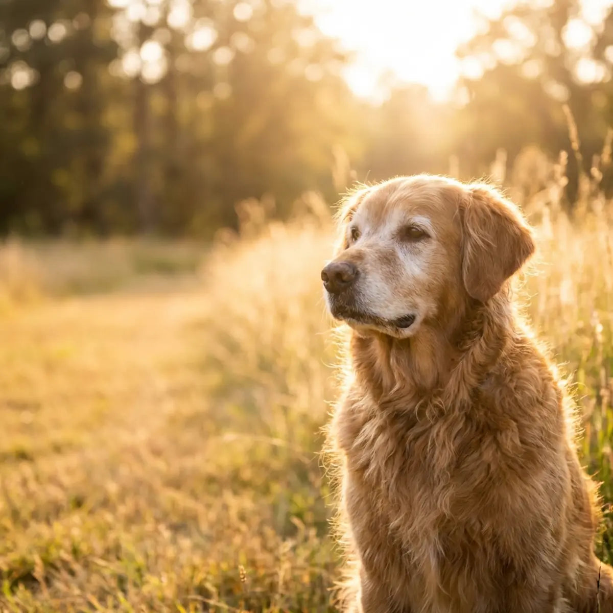 Goudkleurige hond die buiten in een zonnige weide zit