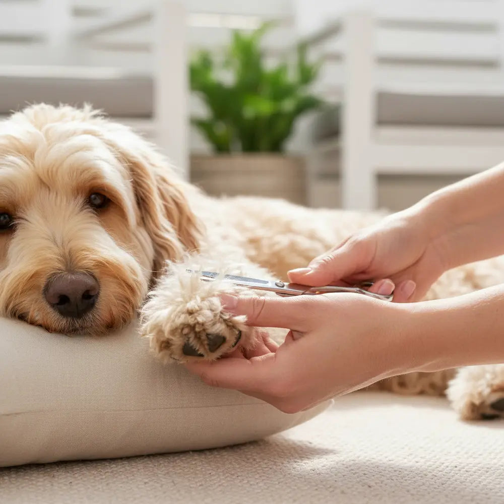 Dog resting while an owner trims paw fur with small grooming scissors