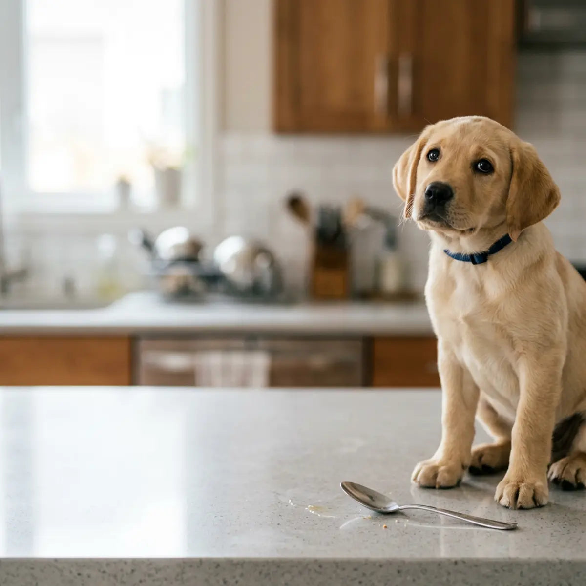 Golden retriever puppy sitting beside a spoon on a kitchen counter