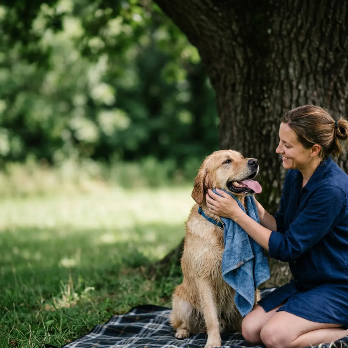 Golden retriever sitting in shade while a person applies a cool towel