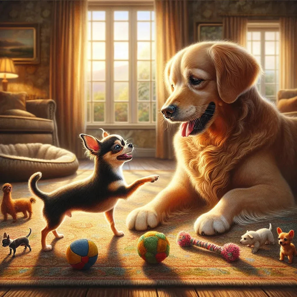 A Chihuahua approaches a larger dog indoors while other dogs rest nearby
