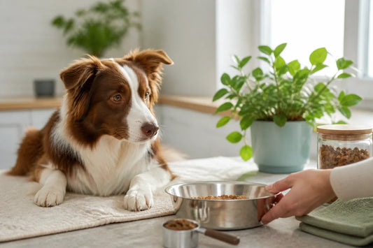 Relaxed dog beside a simple food bowl in a clean home