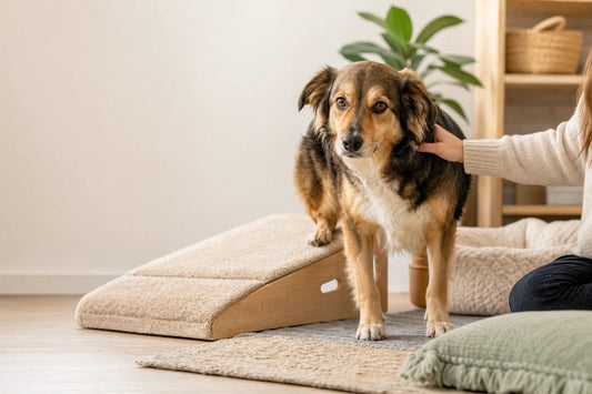 Dog standing on a soft ramp with an owner nearby