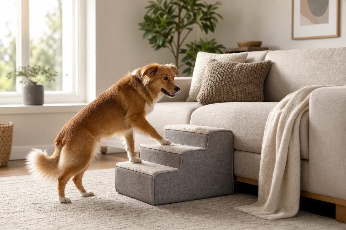Hund kliver upp på en klädd hundtrappa bredvid en soffa