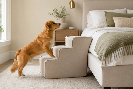 Hund, der neben einem hohen Bett eine gepolsterte Treppe hinaufsteigt