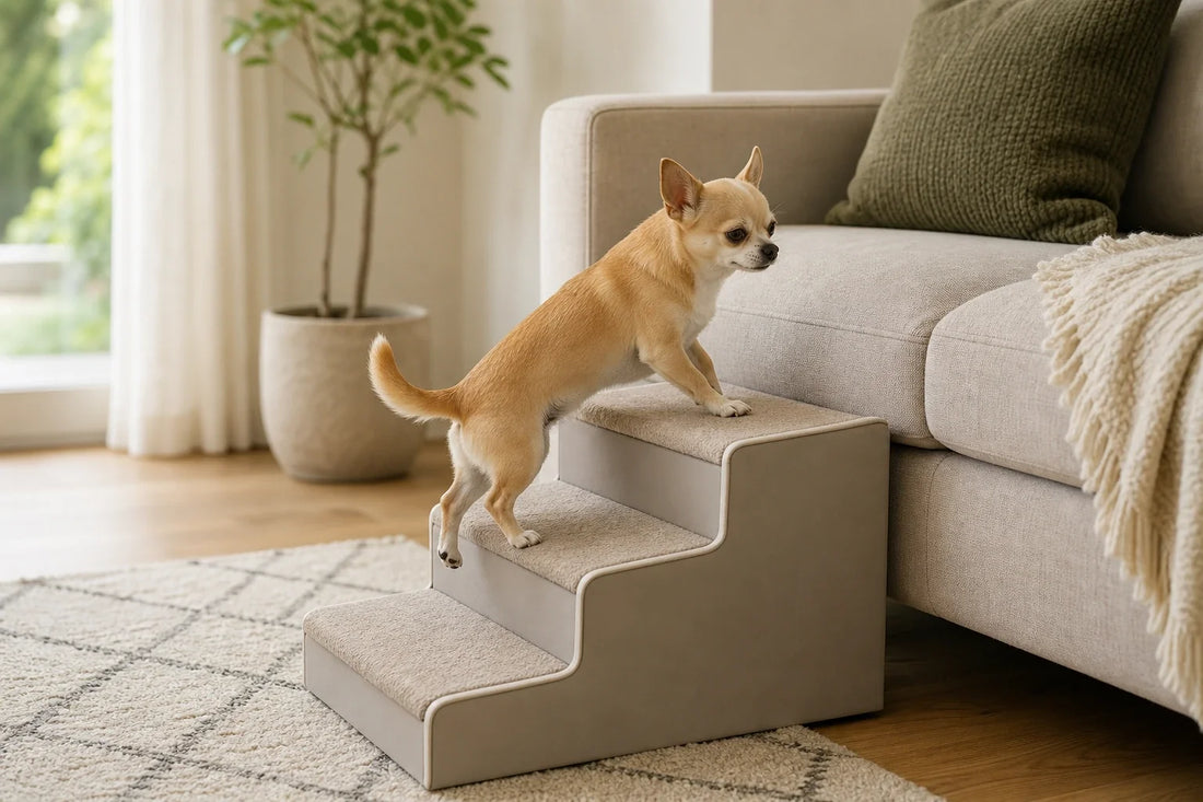 Small dog climbing fabric stairs beside a sofa