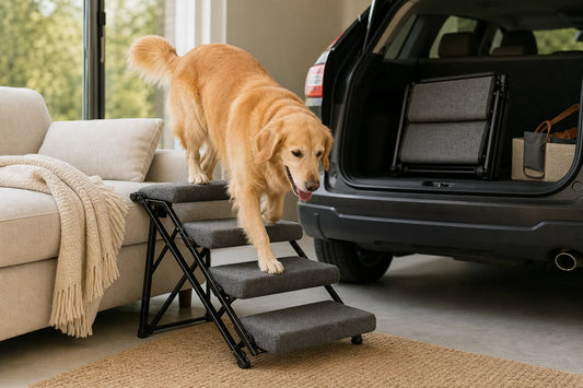 Golden Retriever using foldable dog stairs beside an open vehicle