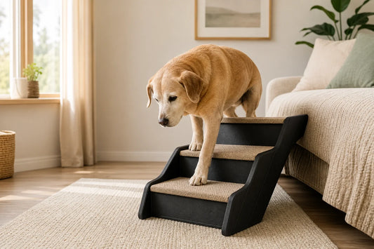 Dog stepping carefully down carpeted non-slip stairs beside a sofa