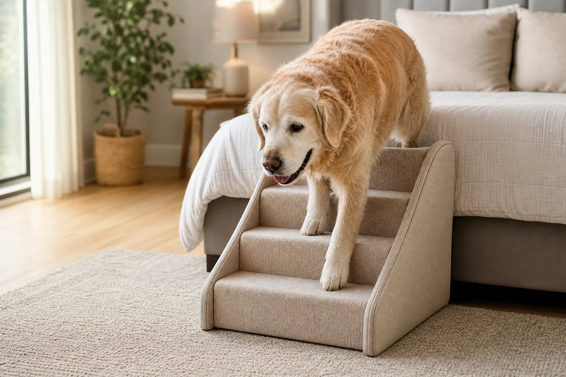 Golden Retriever descending padded indoor stairs beside a bed
