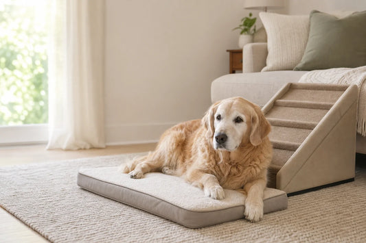 Senior Golden Retriever resting beside supportive dog stairs at home