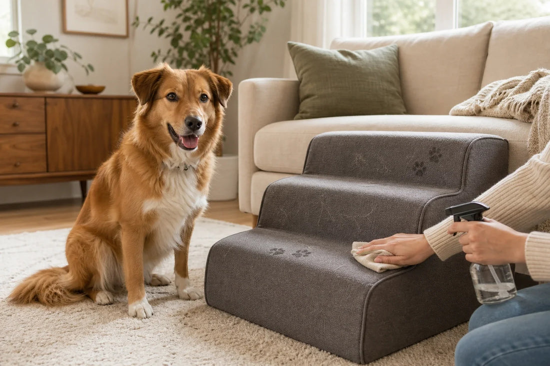 Dog sitting beside washable fabric stairs while a person wipes the cover