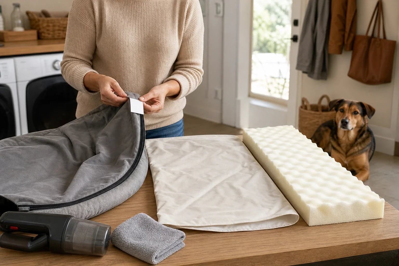 Caregiver checking a dog-bed label beside its separated cover, liner, and foam