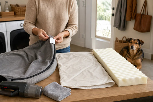 Caregiver checking a dog-bed label beside its separated cover, liner, and foam