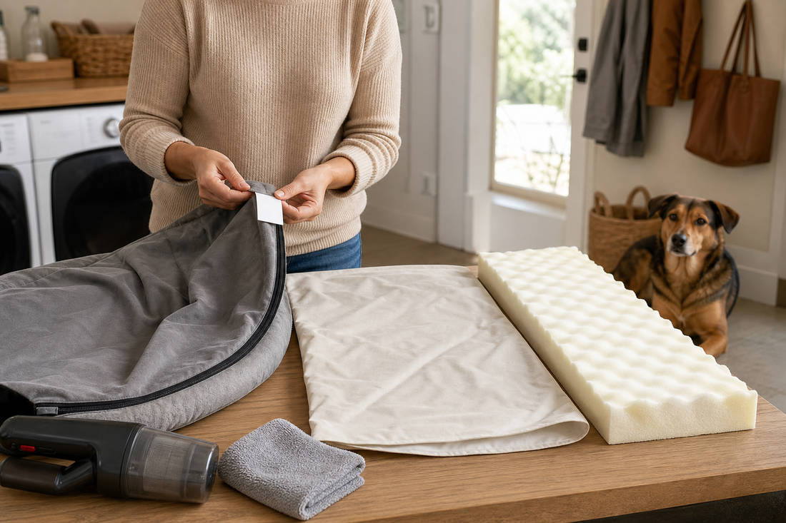 Caregiver checking a dog-bed label beside its separated cover, liner, and foam