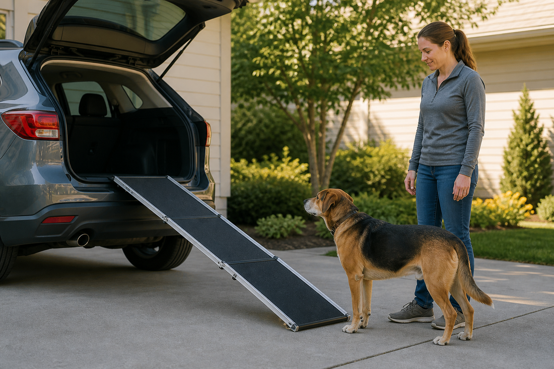 Dog standing beside a grippy ramp leading into a parked vehicle while a caregiver watches