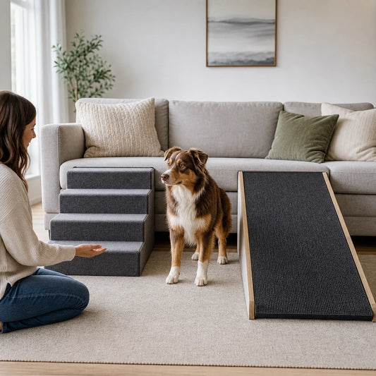 Dog standing between soft pet stairs and a grippy ramp beside a caregiver