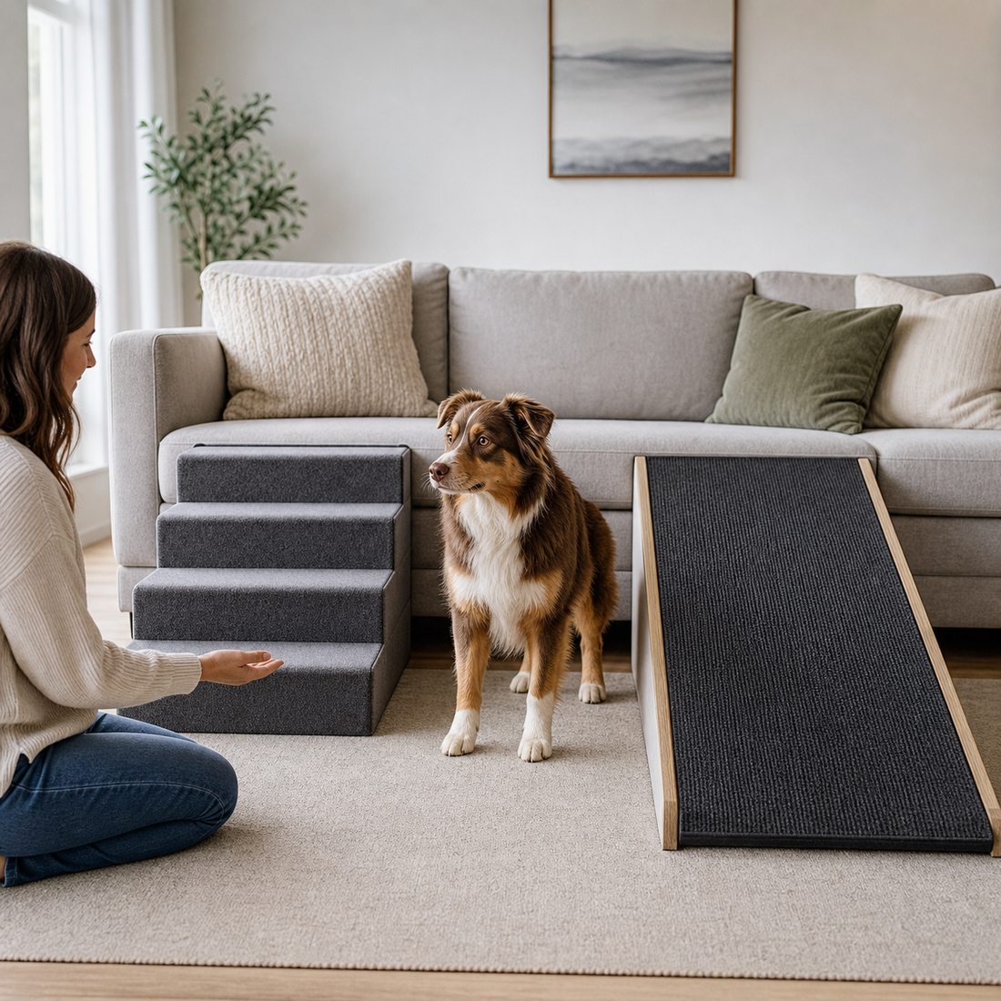 Dog standing between soft pet stairs and a grippy ramp beside a caregiver