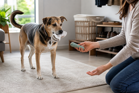 Dog holding a sock while an owner offers a toy in a calm trade