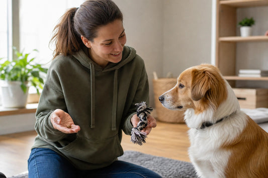 Caregiver offering a dog a food treat and rope toy as training rewards