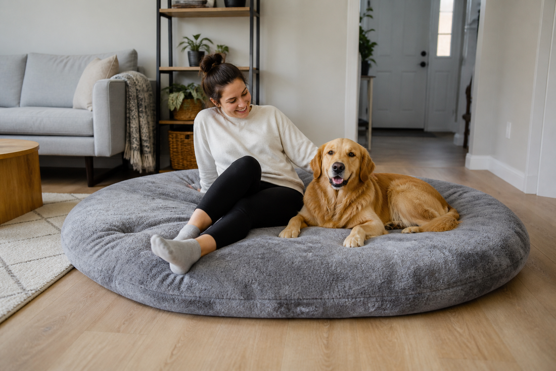 Adult and golden retriever sharing a human-sized dog bed in a living room