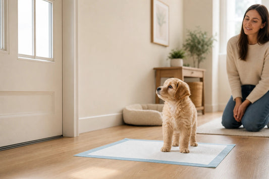 Puppy waiting near a training pad and doorway while a caregiver supervises