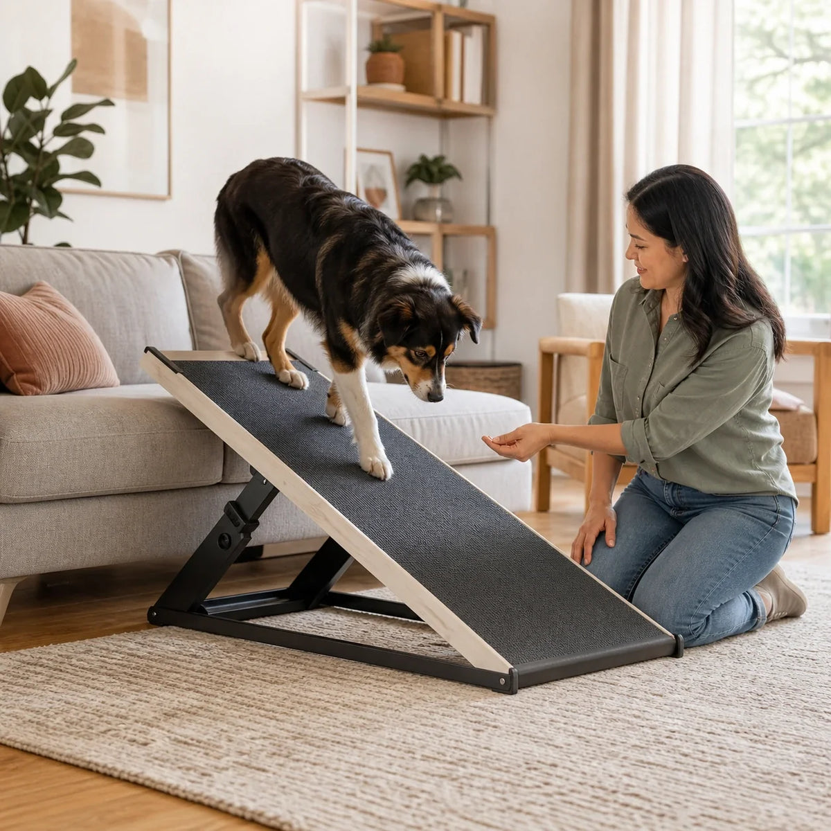 Dog walking down a grippy indoor ramp beside a caregiver offering a reward