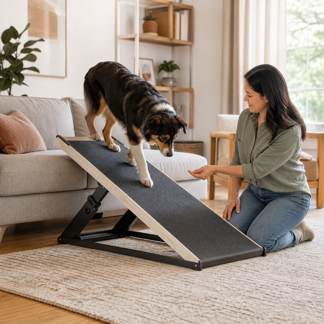 Dog walking down a grippy indoor ramp beside a caregiver offering a reward