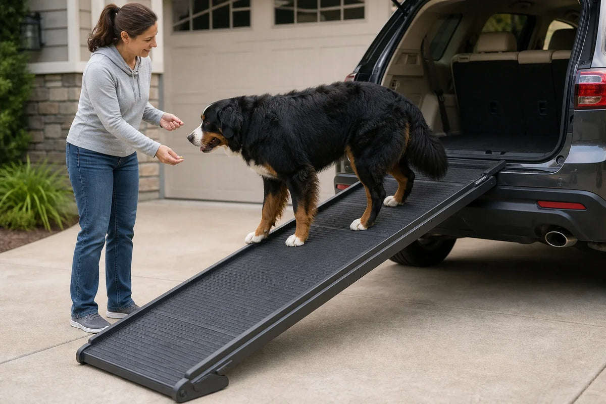 Bernese Mountain Dog using a wide grippy ramp to enter a parked SUV with a caregiver nearby