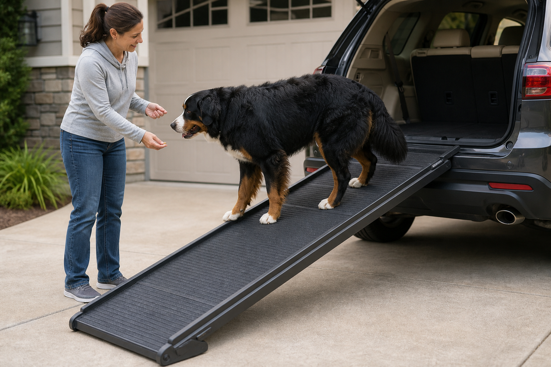 Bernese Mountain Dog using a wide grippy ramp to enter a parked SUV with a caregiver nearby