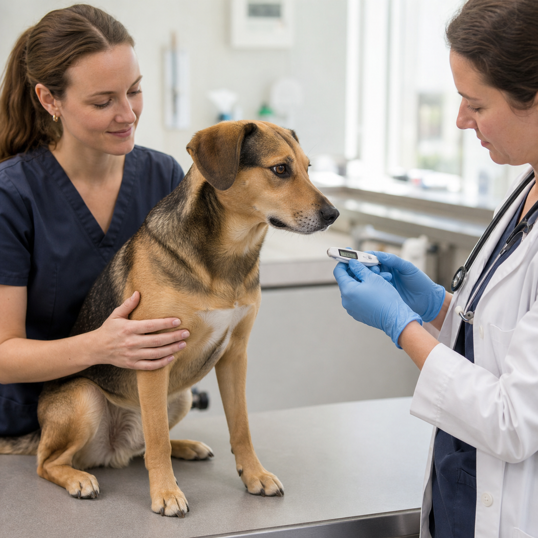 Veterinarian checking a calm dog's temperature with a digital thermometer