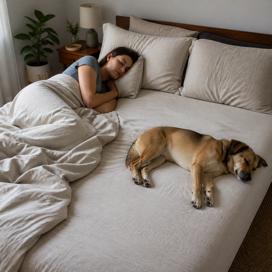 Woman and medium-sized dog sleeping on the same bed with space between them