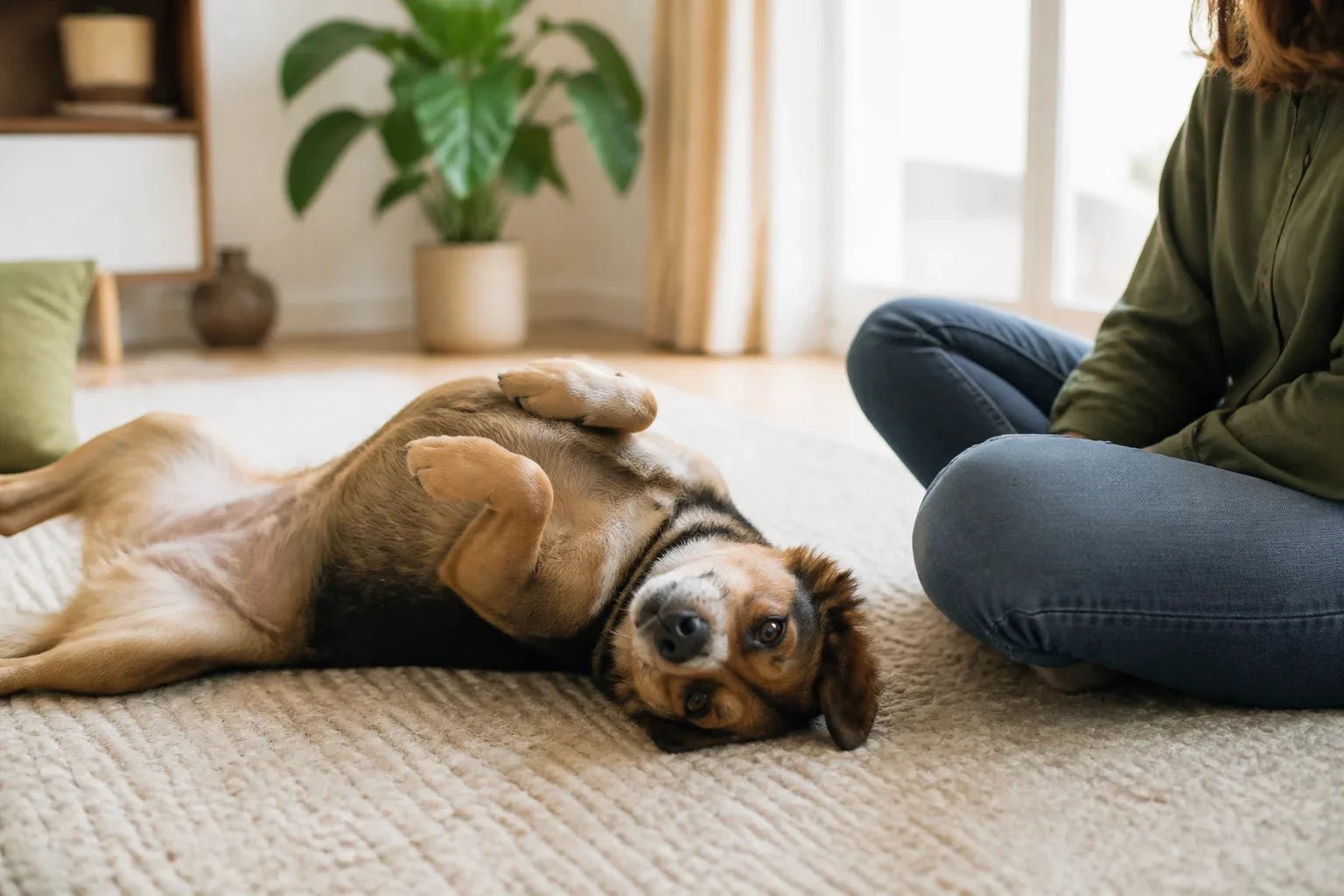 Bruine hond op de rug liggend op een vloerkleed met een persoon in de buurt