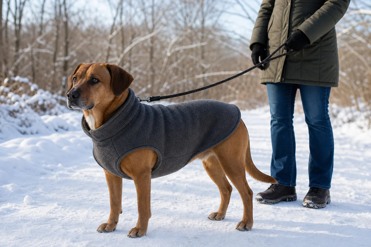 Bruine hond buiten met zijn baasje in de buurt, gekleed in een eenvoudige fleece winterjas